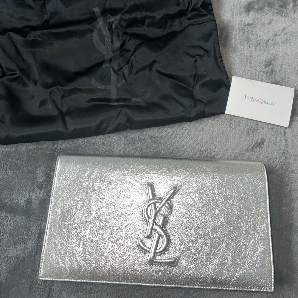 Yves Saint Laurent Silver Leather Belle De Jour Flap Clutch